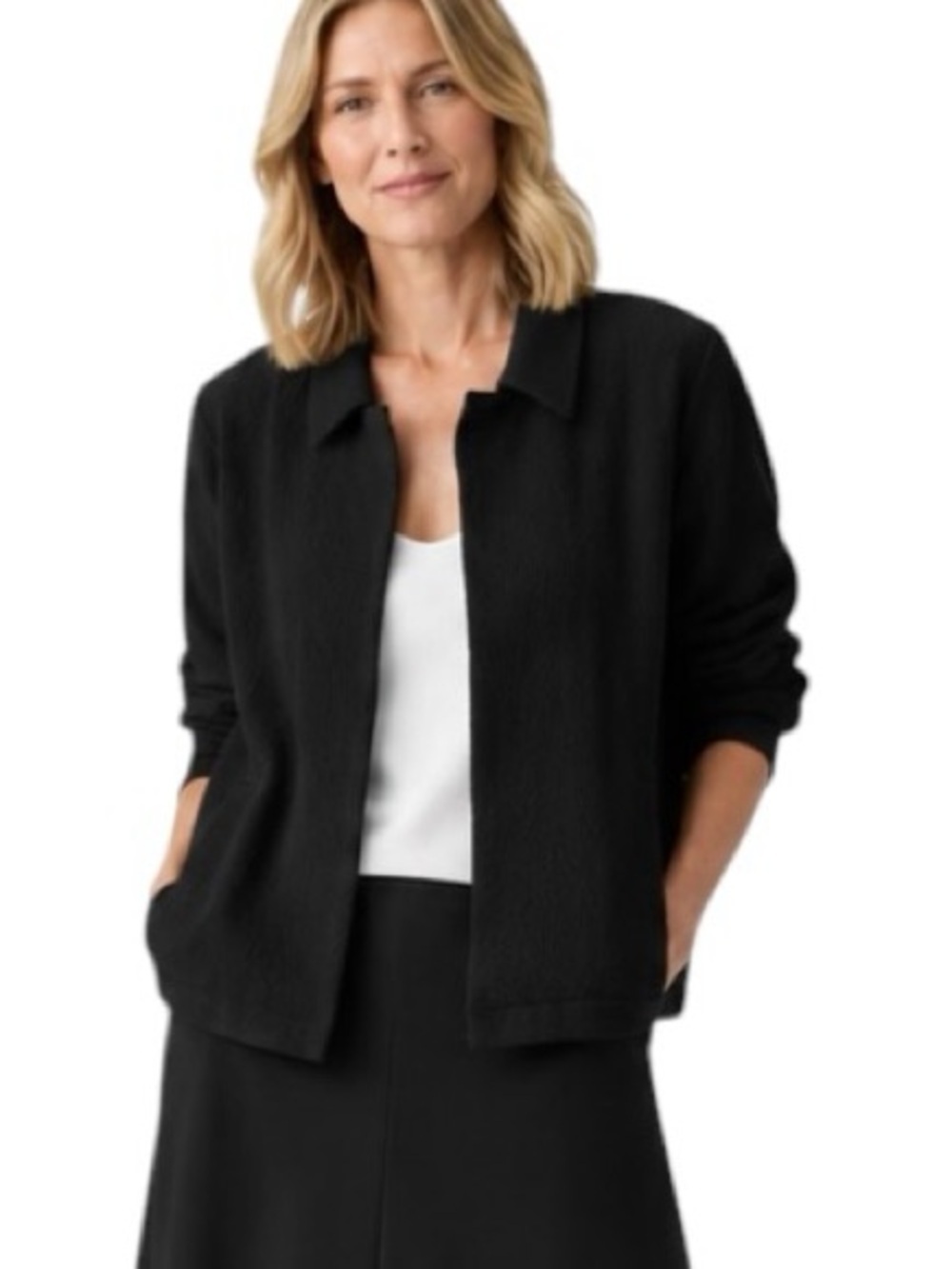 Eileen Fisher Organic Cotton Tweed Classic
Collar Open Jacket Black Size M